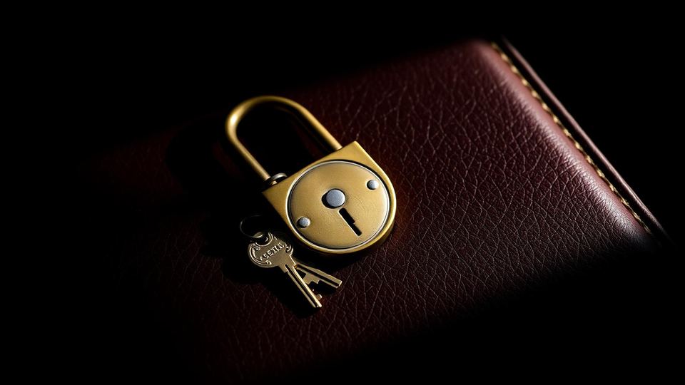 An antique brass padlock and key resting on dark oxblood leather