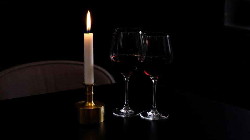 Two lit candles in brass holders beside glasses of red wine on a dark table