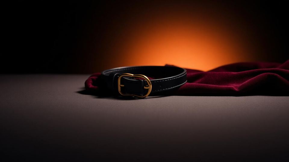 A black leather collar with a brass ring resting beside deep wine velvet