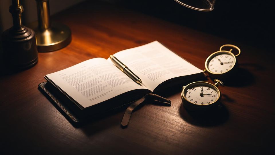 An open leather diary with a brass pen and small clock on a dark walnut desk