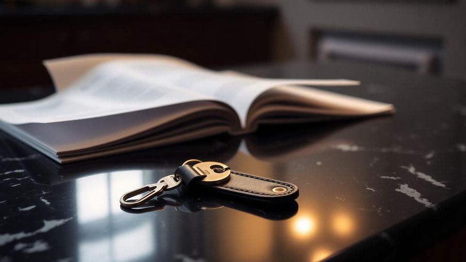 Brass house keys on a leather fob beside paperwork on a dark marble counter