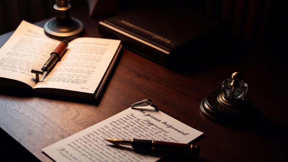 Handwritten agreement pages beside a fountain pen on a dark walnut desk