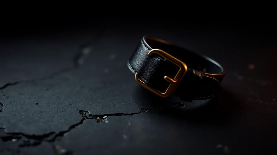 A black leather cuff with a polished brass buckle resting on dark slate