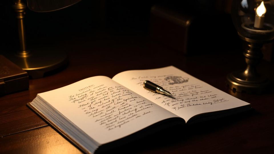 An open leather notebook and fountain pen under warm brass lamplight