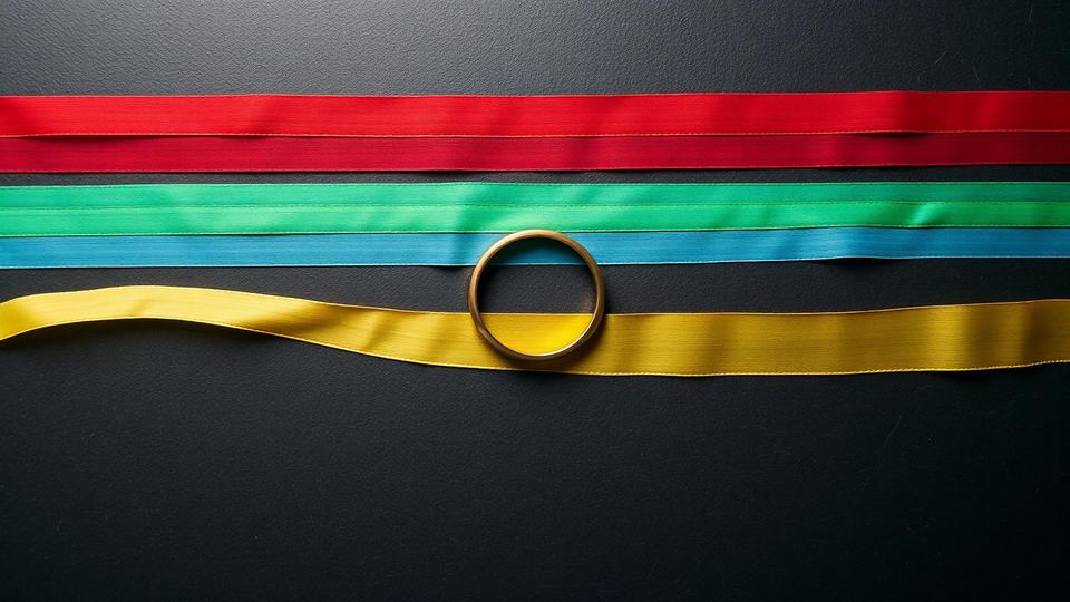 Coloured silk ribbons laid in parallel lines with a single brass ring on dark slate
