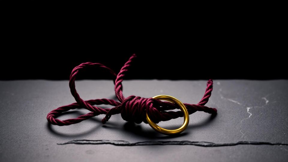 Deep wine silk rope tied in a decorative knot around a brass ring on dark slate