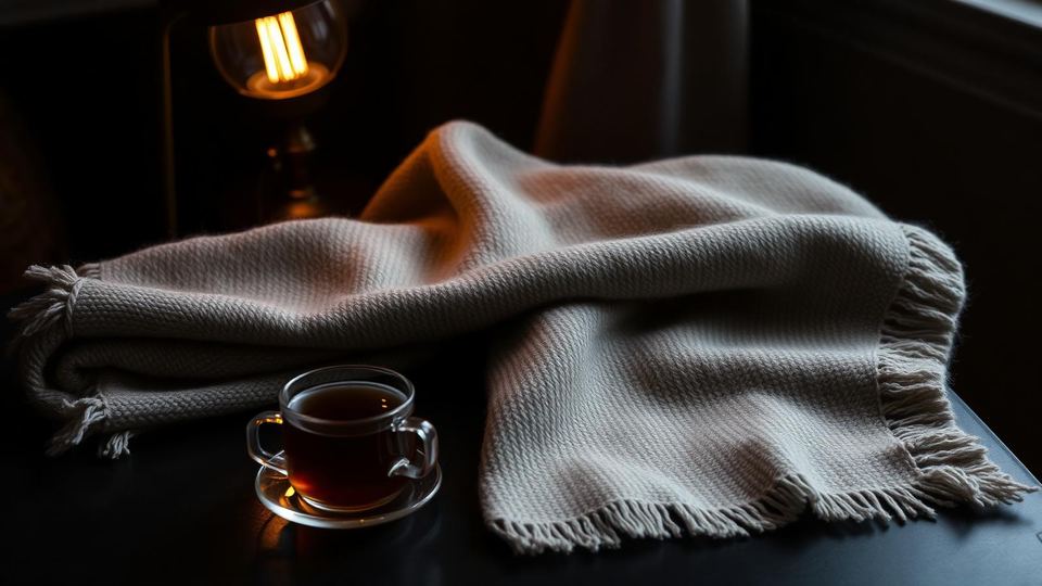 A cup of tea beside a folded wool blanket on a dark table under warm lamplight
