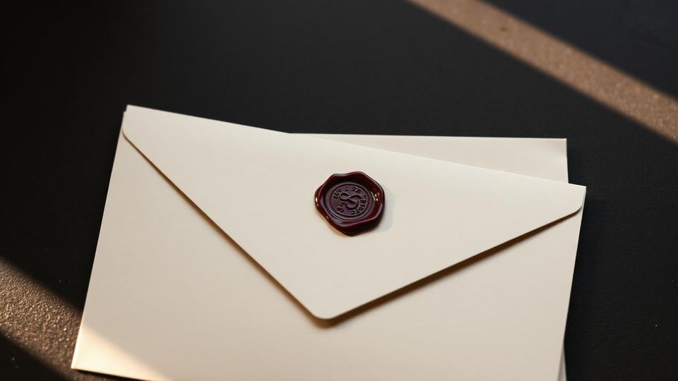 A brass seal stamp and deep wine wax seal on a closed cream envelope